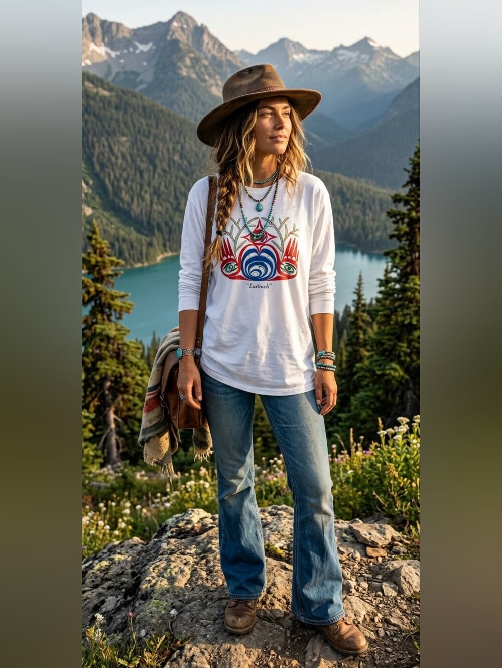 White Long-Sleeve Graphic Tee with Multicolor Crest Design